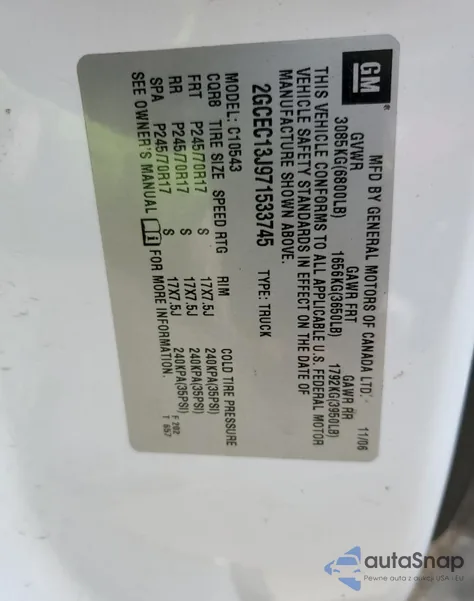 2007 Chevrolet Silverado C1500 Crew Cab z USA, uszkodzony, nr VIN 2GCEC13J971533745